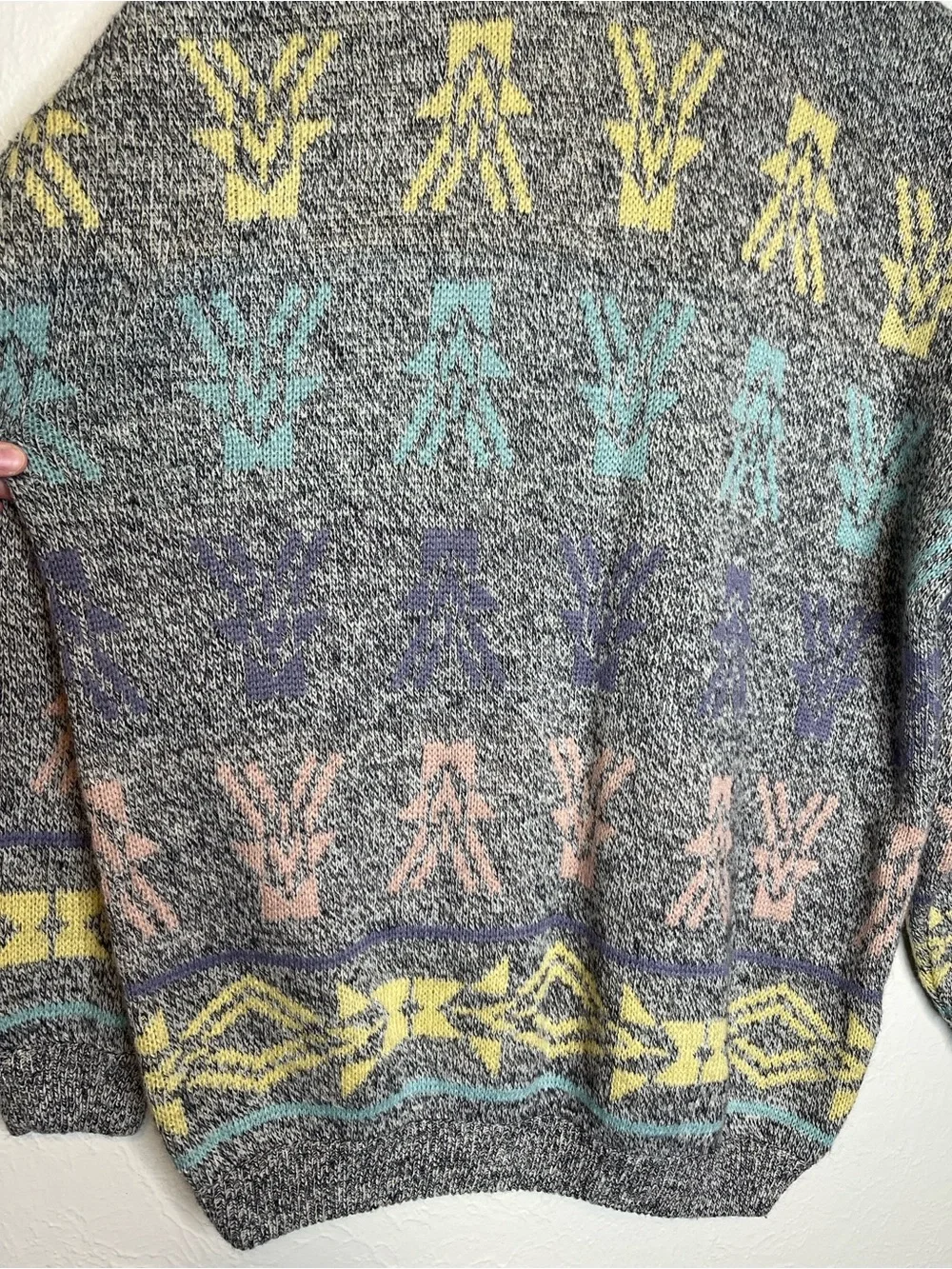 Vintage 80s Esprit Heather Gray and Pastel Sweater Crewneck Cozy Ski Preppy